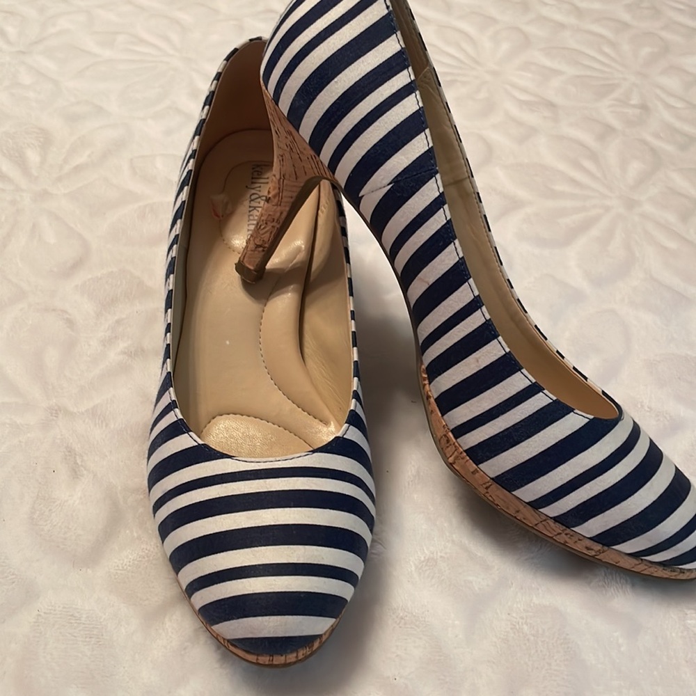 Navy and white striped cork platform 3” heels